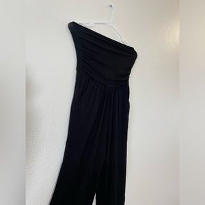 Chic Comfort: All Black Strapless Cotton Jumpsuit/ Romper with Flared Legs